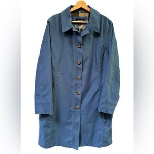 Lands End Trench Coat Womens Large 14 16 Single Breasted Med Blue Jacket Button